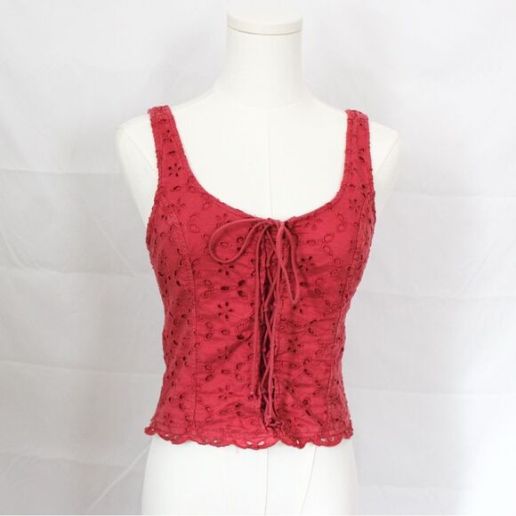 Y2K Abercrombie and Fitch Tie Front Eyelet Lace Tank Smocked Back XS - Picture 1 of 6